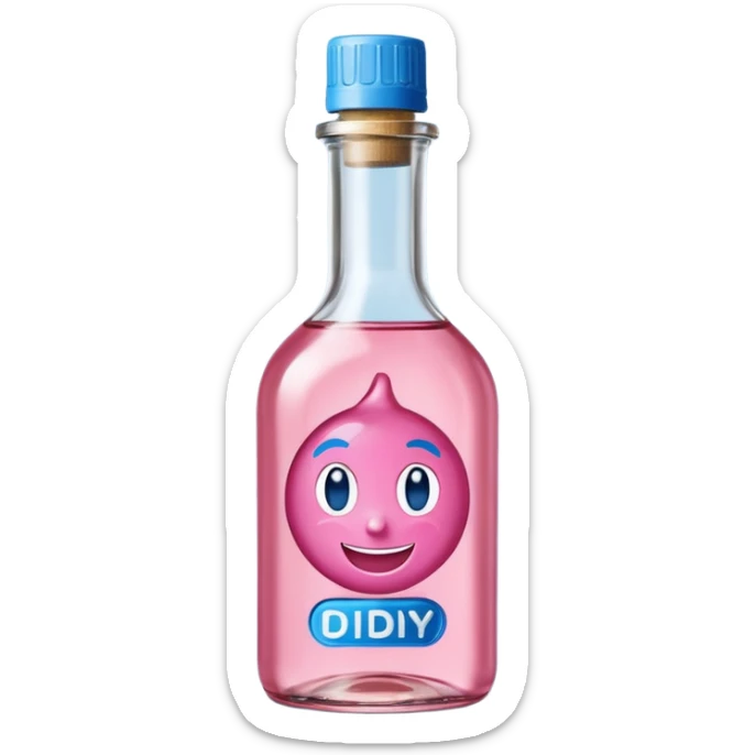 Smiling bottle of oil blue top pink outside with logo that says Diddy oil sticker