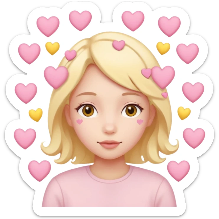 A girl with hearts around her head in soft pink, beige and yellow pastel colors sticker
