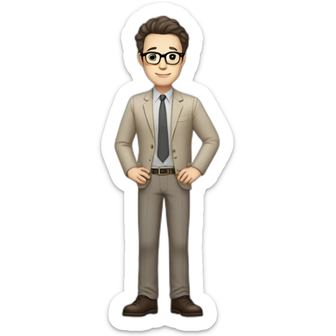 Full height Pale skinned fit man with dark brown hair in gray jacket, beige office shirt, brown tie, brown pants and vintage glasses. His right hand stretched out sticker