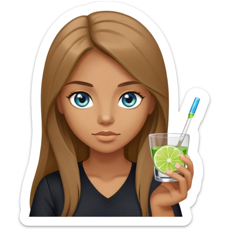 tan woman, black shirt, long light brown straight hair, grey blue eyes, holding a shot with lime sticker