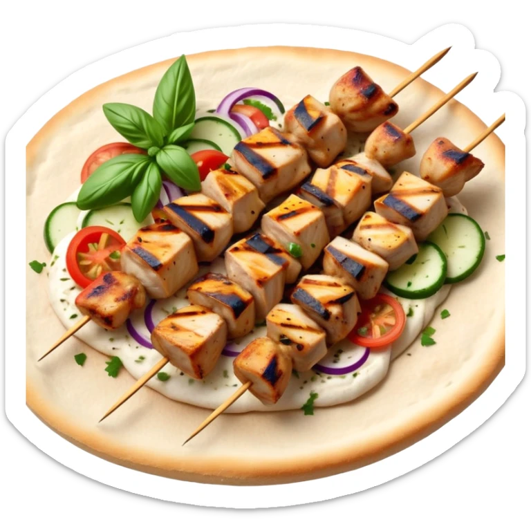 cinematic-realistic-souvlaki-dish-emoji,-showcasing-skewered,-grilled-chicken-with-mediterranean-spices-rendered-with-dynamic-textures-and-warm,-appetizing-lighting on pita bread sticker