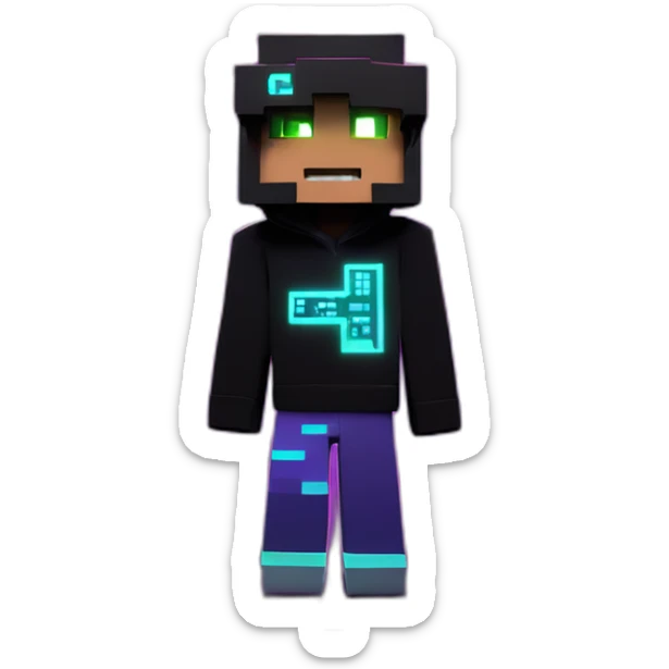 Minecraft hero wearing a black hoodie with "OMG" letters on it and VR headset in a cyberpunk VR environment with violet neon lighting. sticker