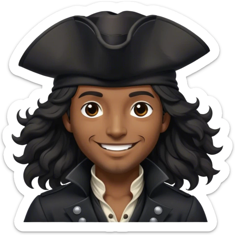 A charismatic pirate with wavy black hair, wearing a black tricorn hat and a sleek black coat with silver buttons, smiling confidently. sticker