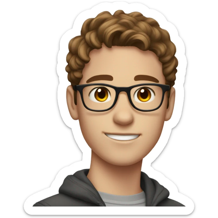 Boy (age 21) with brown hair, freckless near chin and glasses on sticker