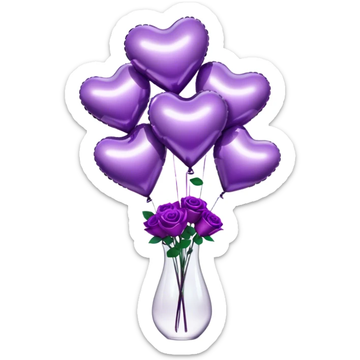 "A cluster of metallic heart-shaped balloons in varying shades of purple, floating beside a sleek glass vase filled with matching roses."
 sticker