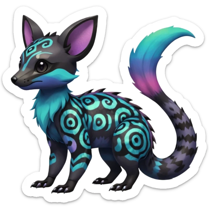Rare exotic cute epic aesthetic gothic colorful Salandit-Eevee-Civet-species-Fakemon-hybrid-creature, with markings, full body sticker