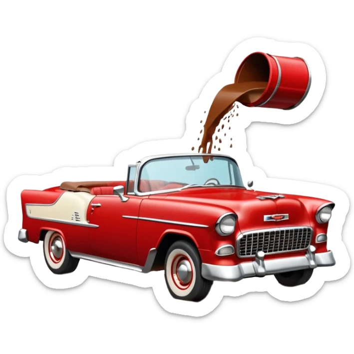 1955 Chevrolet Bel Air Convertible, Red-White color, with a bucket of brown mud pouring down on it, and the car itself is covered in brown mud on the sides that has stuck.32x32 pixels, aspect ratio: 1:1 sticker