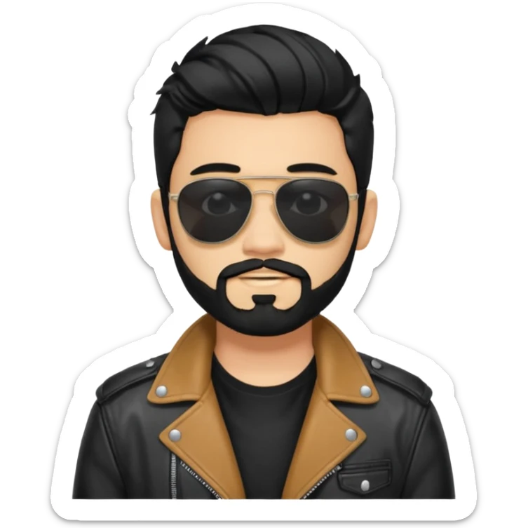 generate an ios genmoji of a 20 year old tan boy with black sunglasses, long black hair till his shoulders. Wearing a leather jacket. Has a dyed blonde beard sticker