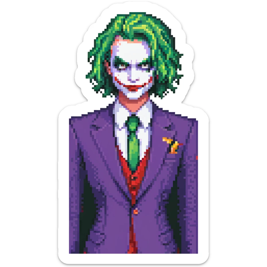The Joker villain full body with green hair, purple suit, white face, red lips sticker