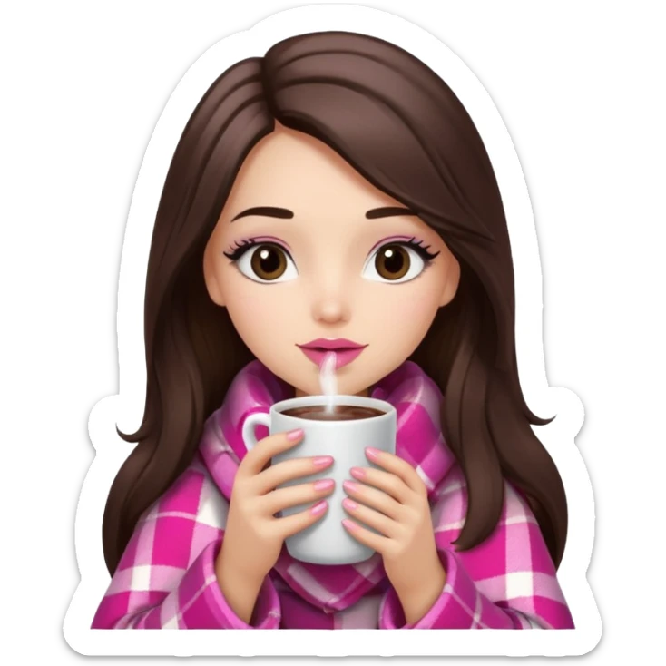 Pink lip, eyelashes, Black eyed brunette girl with long hair and light skin shoulders wrapped up in a pink plaid blanket drinking hot chocolate sticker