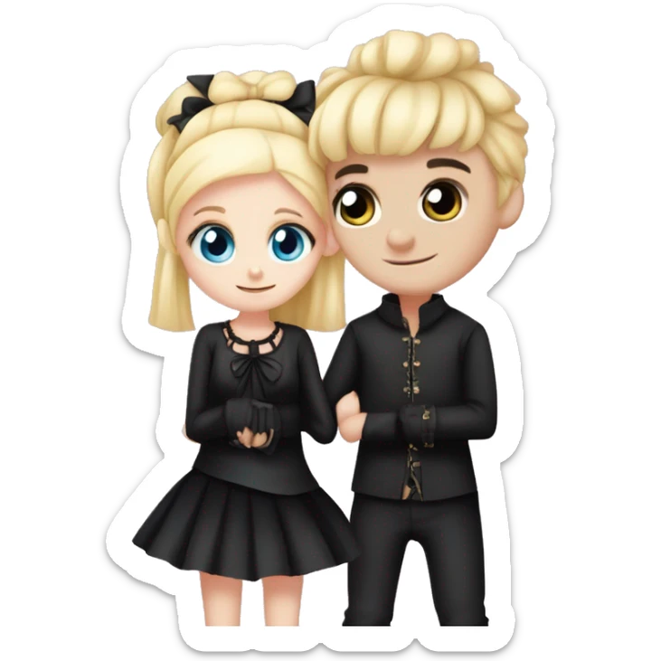 A boy and a girl cuddling the girl is short and the boy is tall the girl is blond and blue eyes with alot of pink and bows the boy is goth with black hait in a middle prt and pail skin he wear black sticker