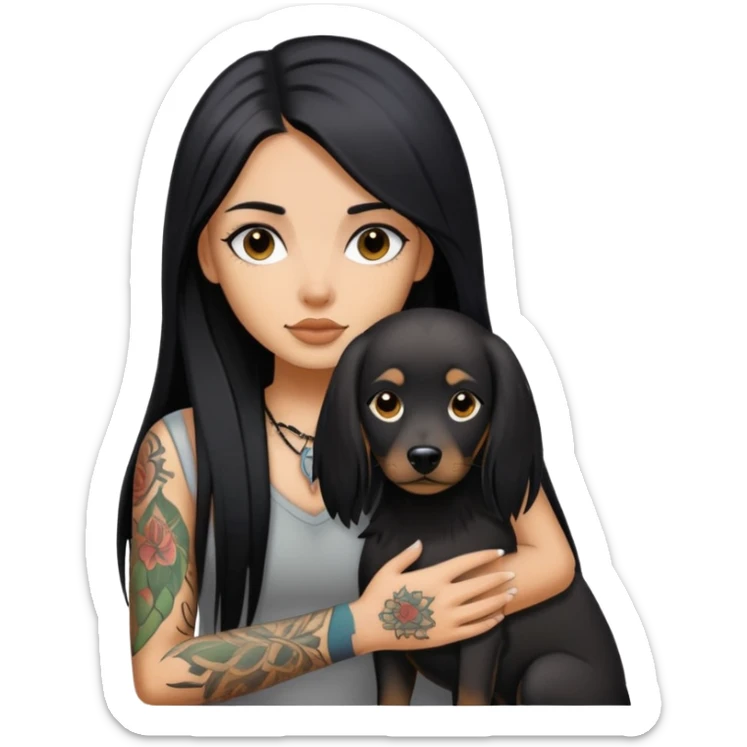 girl with long black straight hair and tattoos and Black long haired dog sticker