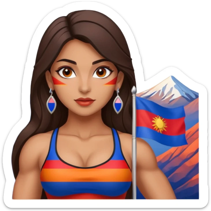 sexy and muscled, full body, brown skin Armenian caucasian girl, sexy Armenian girl, beautiful eyes, makeup, earrings, muscled, surrounded by mountains, Flag of Armenia - red, blue and orange stripes sticker