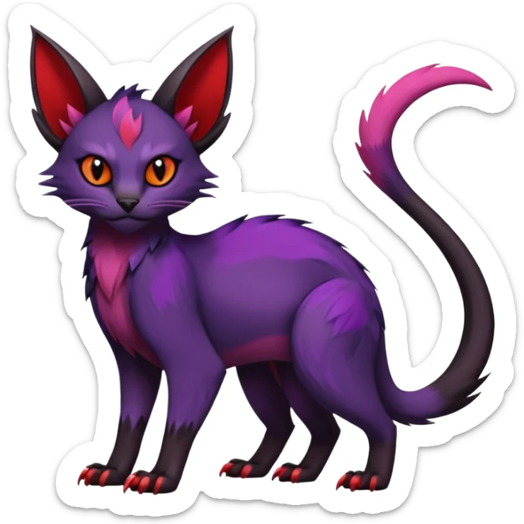 Black edgy Noivern-Noibat-Purloin-Torracat-Lykoi-Caracal-cat-Fakemon-fusion-hybrid-creature with violet and red scale markings sticker