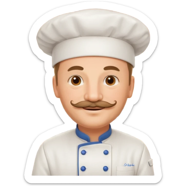 Est-ce que tu peux me faire un chef cuistot qui ressemble à Philippe Etchebest et qui est devant un restaurant? Est-ce que tu peux le faire souriant, avec une moustache de cuistot? 
 sticker