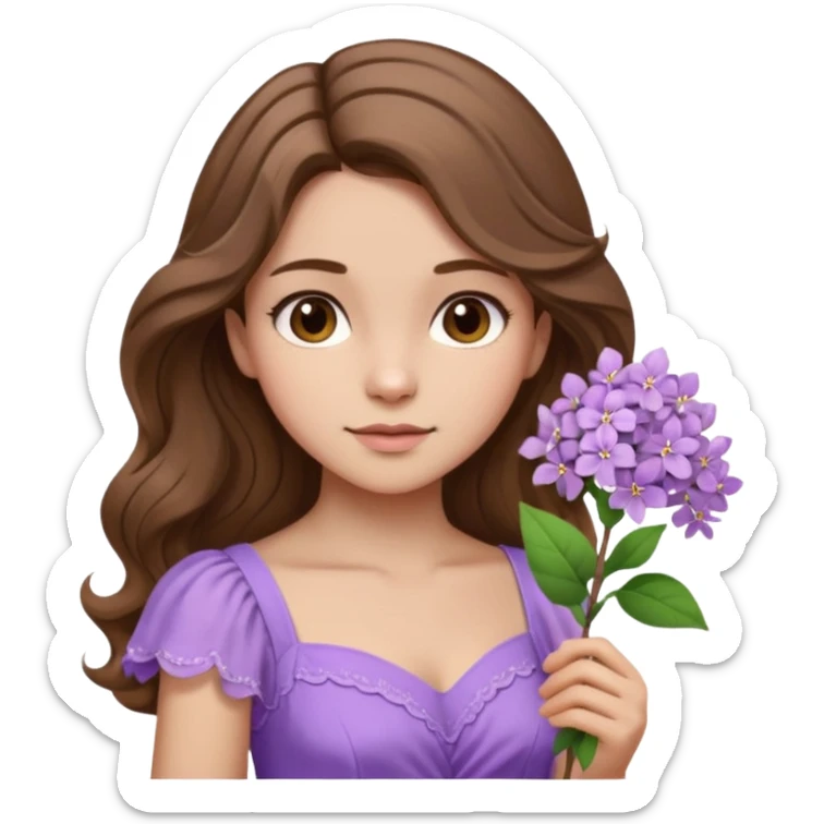 Menina parda/branca de cabelo ondulado castanho partido de lado com uma flor lilás e vestido lilás sticker