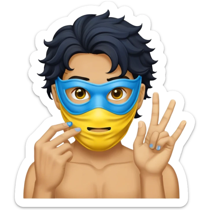Guy with black wave hair with a yellow mask covering top half of face when ring yellow blue and black sticker
