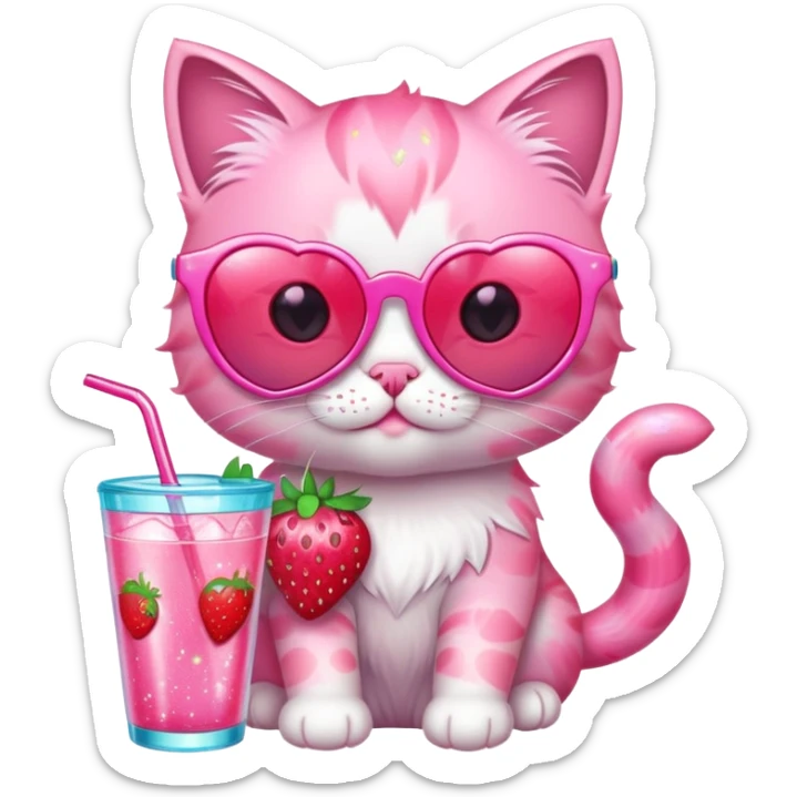 A bubblegum pink kitten with heart-shaped sunglasses, sipping a strawberry soda, surrounded by sparkles and summer vibes. sticker