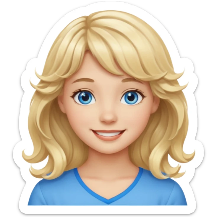 Please generate an image of a girl. She has blue eyes, blonde, wavy hair with bangs, and is smiling. sticker