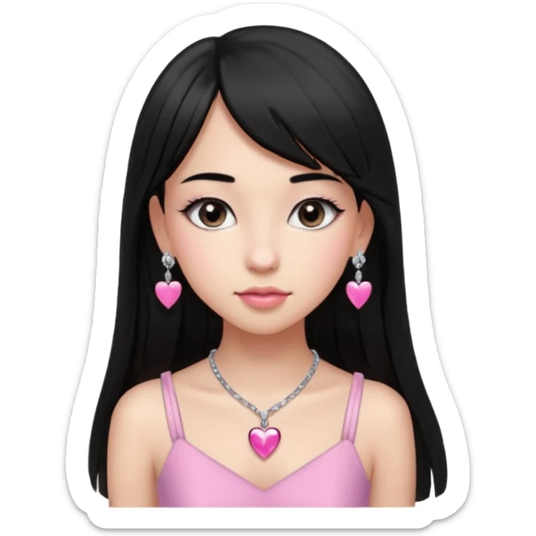 Cabelos pretos longos lisos ,com franja curvada .olhos pretos puxadinho para cima. Cílios longos curvados. Pele clara ,nariz pequeno ,lábios carnudos ,adolescente 16 anos ,vestido rosa de alça, colar de coração prata ,brinco de diamante sticker