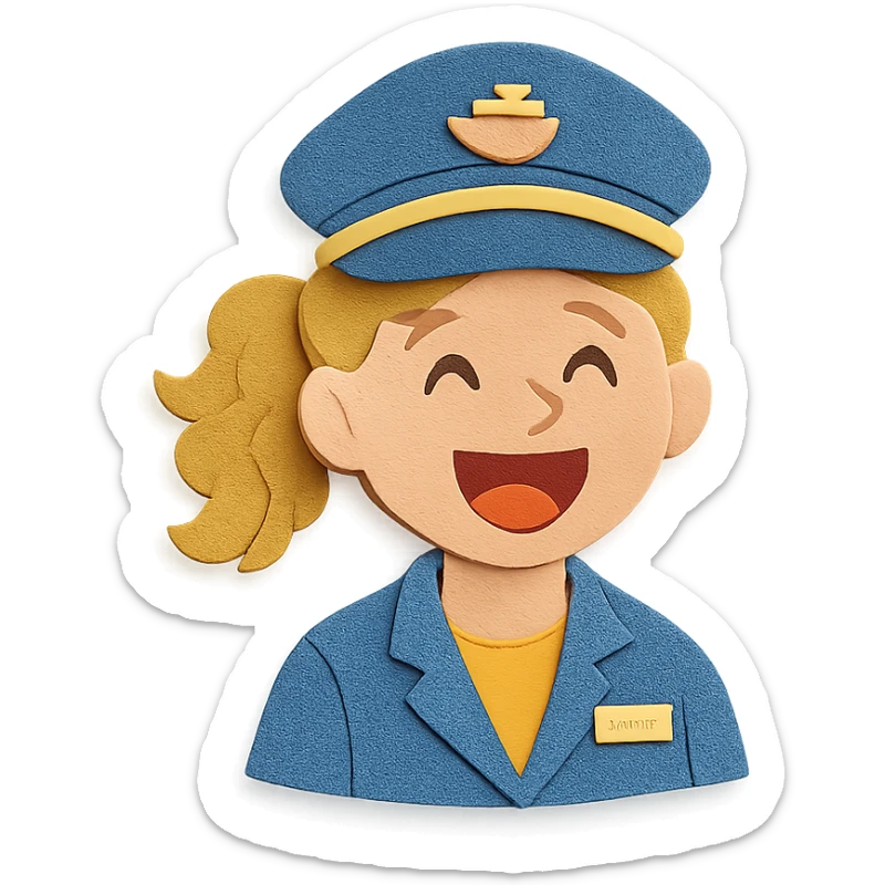 girl cruise director with curly dirty blonde hair in a ponytail, very happy sticker