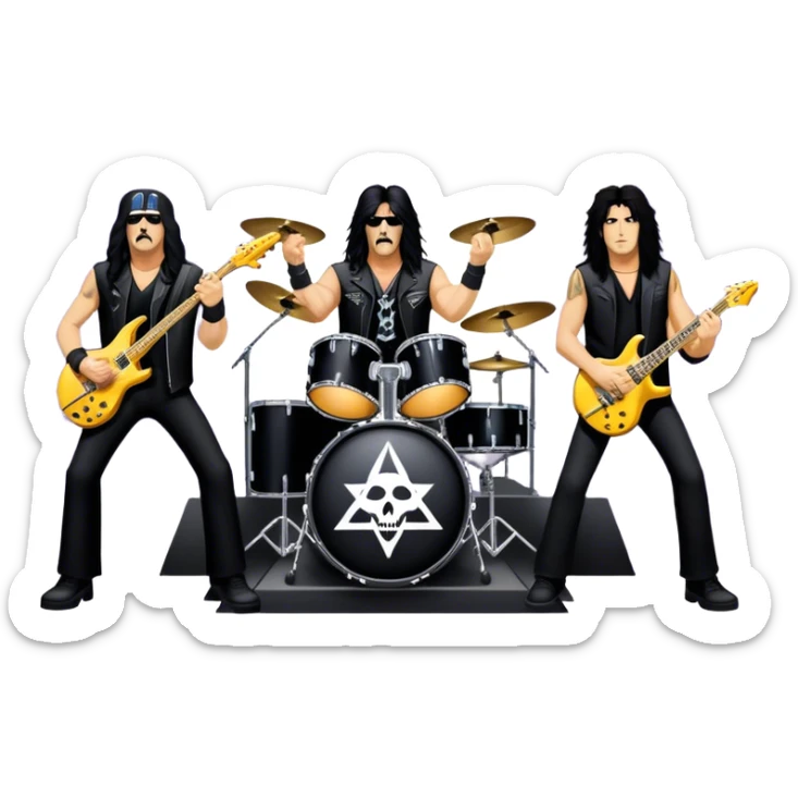 Icon for Heavy Metal: Anthrax live concert with Charlie Benante on drums, Joey Belladonna on vocals, Frank Bello on bass, Jonathan Donais and Scott Ian on guitars. The intense energy of the band is captured with instruments and stage lighting. Transparent background. sticker