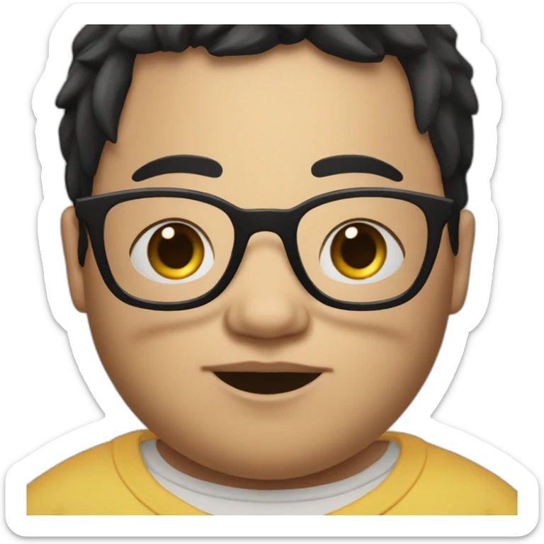 A fat kid with very short black hair and glasses and a bed in the background sticker