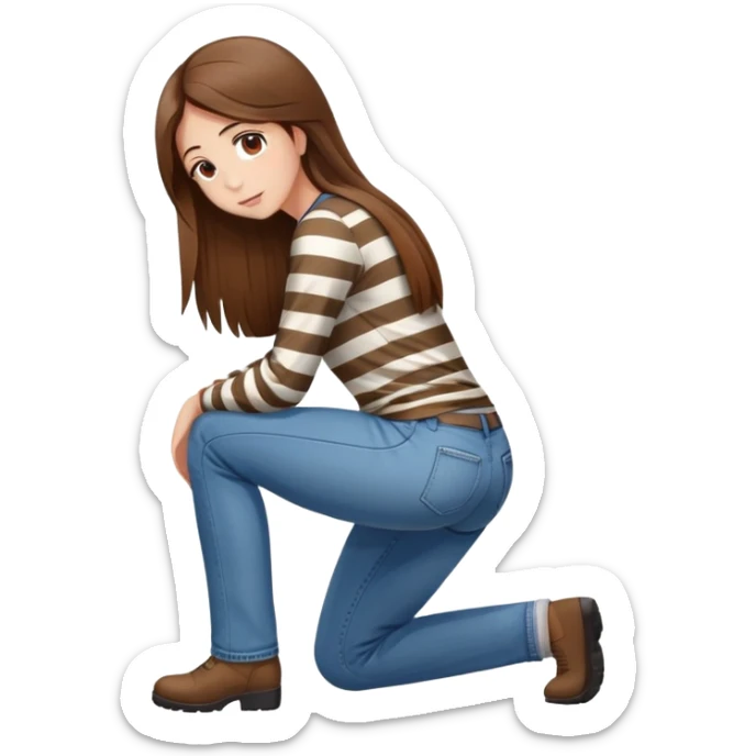 girl with long straight hair in jeans and striped shirt kneeling on the ground seen from behind sticker