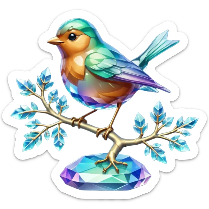 Highly detailed shot of an (((iridescence))) crystal sculpture in the shape of a robin on a crystal tree branch, a crystalline glowing robin sticker