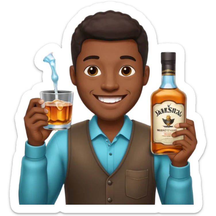 Black man with sparkling teeth, holding mouthwash and a cup of whiskey, black background sticker