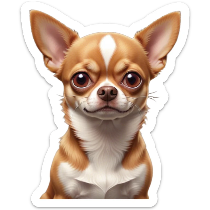 Cinematic Meme-Worthy Grumpy Red/White Short Haired Chihuahua Portrait Emoji, Head held high but eyes filled with dramatic disappointment, smooth red and white fur with a striking pattern, deeply furrowed brow forming an unmistakable scowl, floppy ears slightly angled back in disapproval, piercing dark eyes glaring with pure exasperation, Simplified yet hilariously over-exaggerated features, highly detailed, glowing with an aura of supreme annoyance, high shine, exhausted yet judgmental, stylized with an almost regal pettiness, bright but brooding, soft glowing outline, capturing the essence of a pup that has seen it all and is thoroughly unimpressed, so meme-worthy it feels like it could instantly become the next viral sensation of grumpiness! sticker