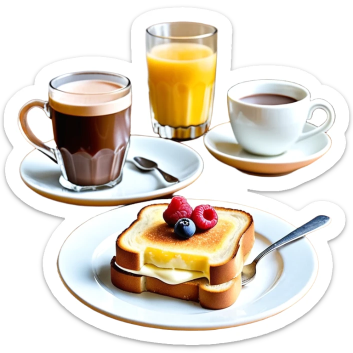 Un joli plateau sur lequel repose un délicieux petit déjeuner composé d’un croque-monsieur croustillant, d’un bol de yaourt aux fruits, d’une tasse de chocolat chaud garnie de guimauves et d’un joli vase contenant deux fleurs d’hibiscus sticker