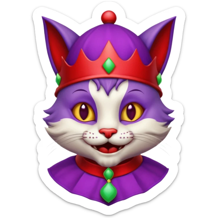crazy colorful cute little cat jolly joker from poker, medieval, vintage, court jester, mac os icon, purple and red color, half body sticker