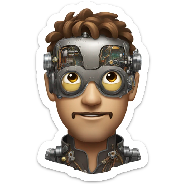 male cyborg head with brown shirt hair, brown beard, silver steampunk goggles and circuits sticker