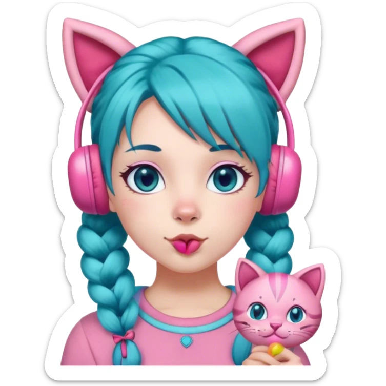 teal-blue hair with pigtails, pink lolipop on the mouth, light pink skin, pink eyes, pink top, pink cat earmuffs sticker