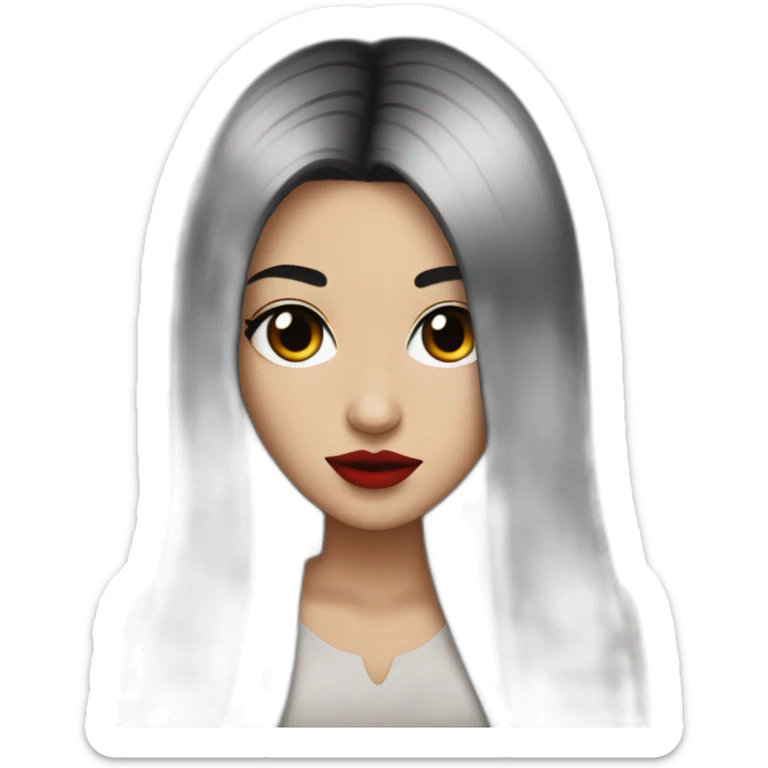 long straight black hair, red lipstick, black eyes, white skin and a small nose sticker