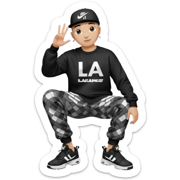 Crea Un Emoji De Cuerpo Completo Que Sea Hombre Con Corte Alucin Que Tenga Gorra Nike, Suéter Negro Que Tenga La Letras LA El La Parte Del Corazón, Zapatos Adidas Con Una Palomita✅, Pantalón Ancho O Bellaco Con Unos Diseños De Palomas Blancas Y Asiendo Una Pose Con Su Mano Que Sea Está 🤙🏽. sticker