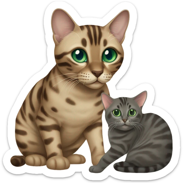 Seal Bengal cat with Blue eyes + charcoal Sepia bengal cat with Green eyes sit Next to each other  sticker