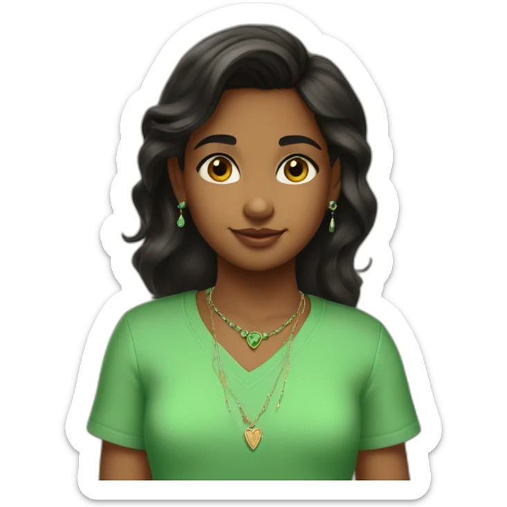 brown skinned black hair indian girl wearing a green shirt that says fifth grade with stud earrings and a necklace that says nila in cursive sticker