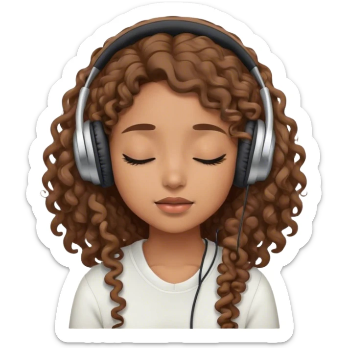 Light brown skin girl, long curly brown flat hair, eyes closed, headphones on listing to music sticker