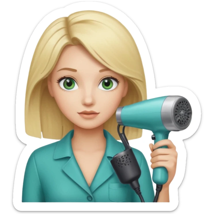 Blonde bob girl hair stylist with blue green eyes holding a hair dryer sticker