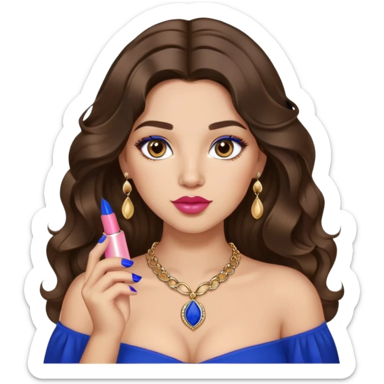 Light skinned girl, long wavy dark natural brown hair center-part with face framing pieces, big hazel eyes, small gold necklace, royal blue top, prominent blush, big lips, fancy long acrylic nails done, holding lipstick. She is curvy sticker