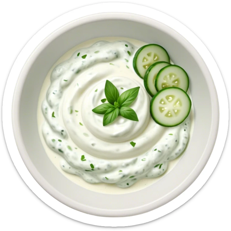 Cinematic Realistic Tzatziki Dish Emoji, featuring a creamy, tangy yogurt sauce with cucumber and herbs rendered with soft textures and cool, refreshing lighting. sticker