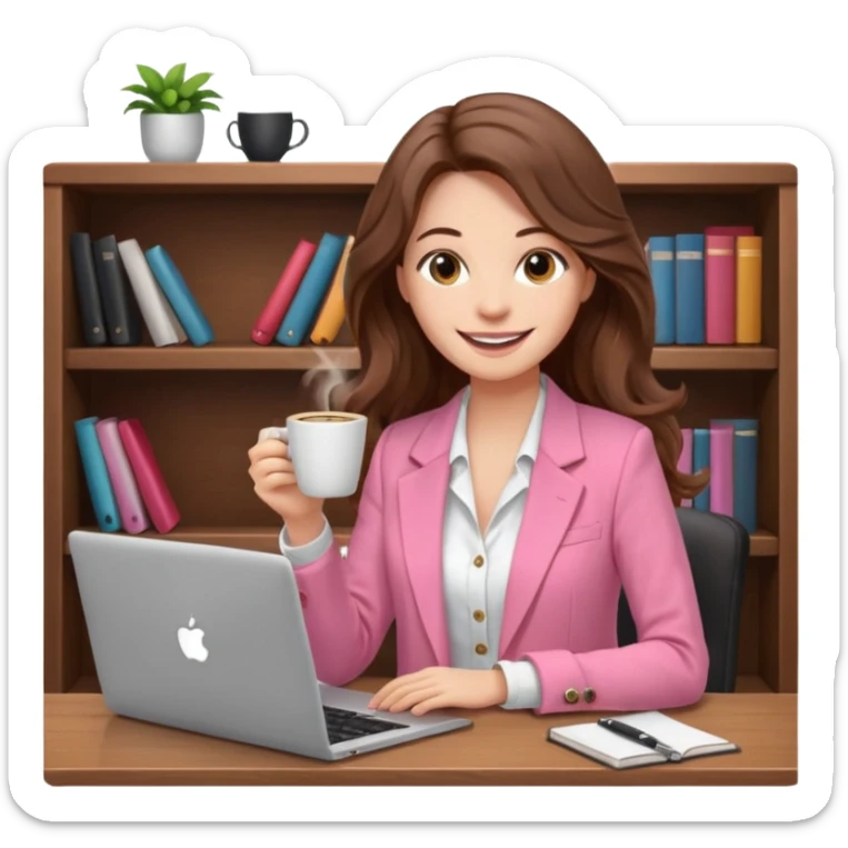 smiling woman with long wavy brown hair, pink blazer, white top, holding coffee and working on laptop — cozy home office background sticker