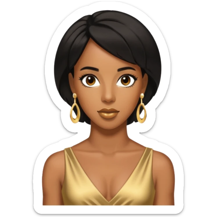 Kelly Rowland brown eyes, black hair, gold dress with earrings sticker