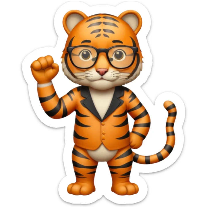 un tigre con gafas parado en dos patas con la mano en la derecha haciendo firme sticker