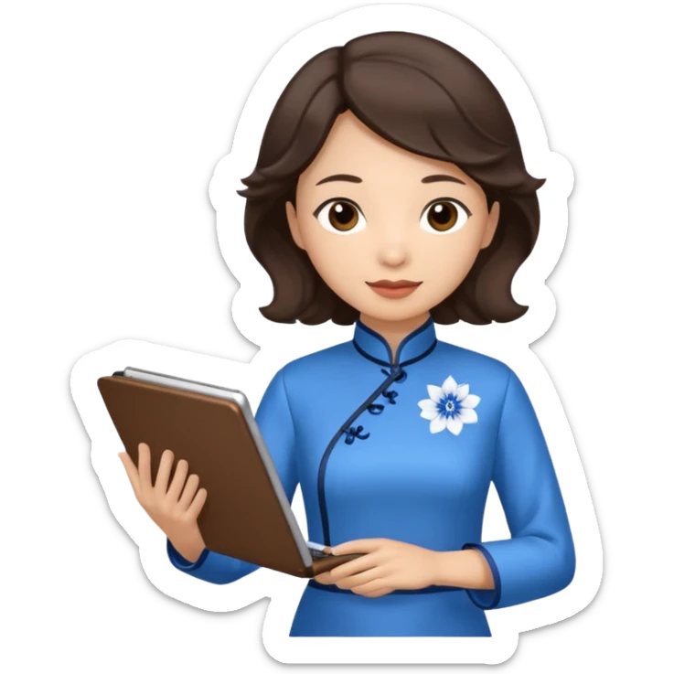 Teacher emoji but : wavy dark brown hair, light skin, no glasses, dark eyes, with a computer folder in the hand, being a teacher, wearing a chinese qipao (brown & blue) 

 sticker