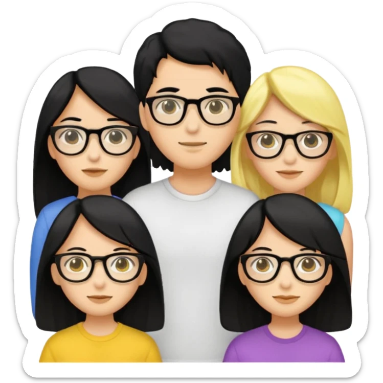 4 persons， 2 female， 2 male, 2male in the middle and 2 female in the side, one female wearing glasses and is black hair, yellow skin, both female are long hair sticker
