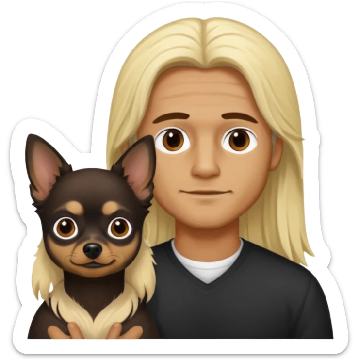 Hombre con pelo largo rubio su pareja chica de pelo castaño oscuro y un chihuahua negro sticker