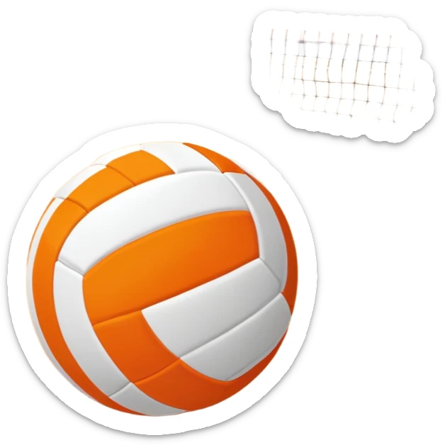 A close-up of a volleyball on the court, with the net in focus and the court markings visible. The background shows the stands filled with spectators, creating an energetic atmosphere of a volleyball match, with attention to detail on the equipment and the surrounding environment. sticker